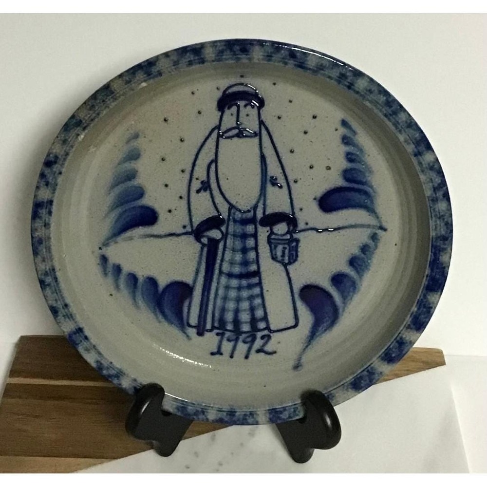 Rowe Pottery Works 1992 Santa Claus Salt Glaze Stoneware Plate Blue Cobalt 10in